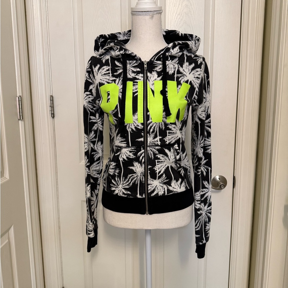 Victoria's Secret Black and White Palm Print Hoodie with Neon Accents